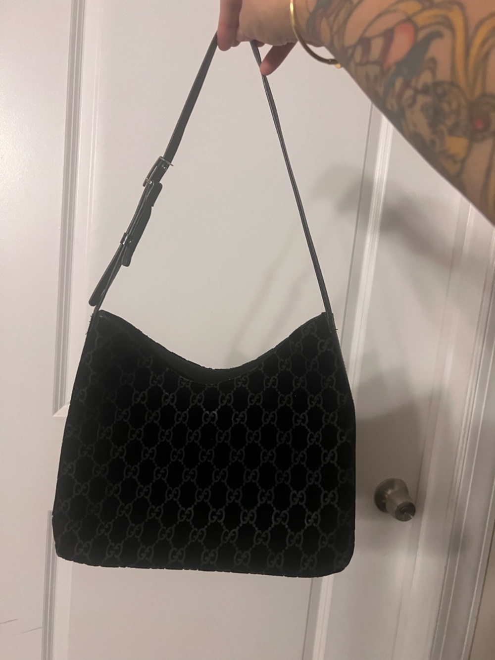 Gucci Black GG Velvet Shoulder Bag